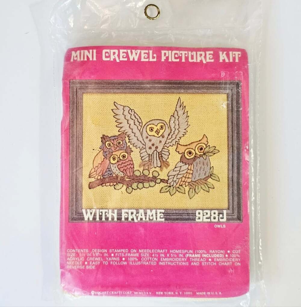 Vintage Mini Crewel Picture Kit with Frame Owls